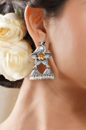 Black Pearll Oxidised Silver Gold Brass Bird Floral Pearl Jhumki Dangler Earrings