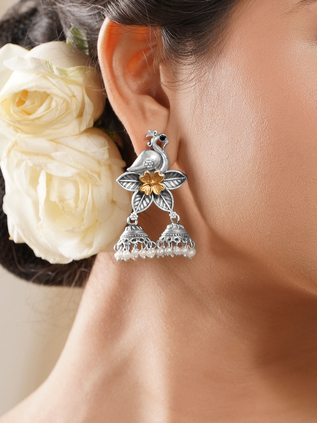 Black Pearll Oxidised Silver Gold Brass Bird Floral Pearl Jhumki Dangler Earrings
