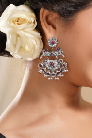 Black Pearll Oxidised Silver Plated Brass Ruby Red Pearl Chandbali Earrings