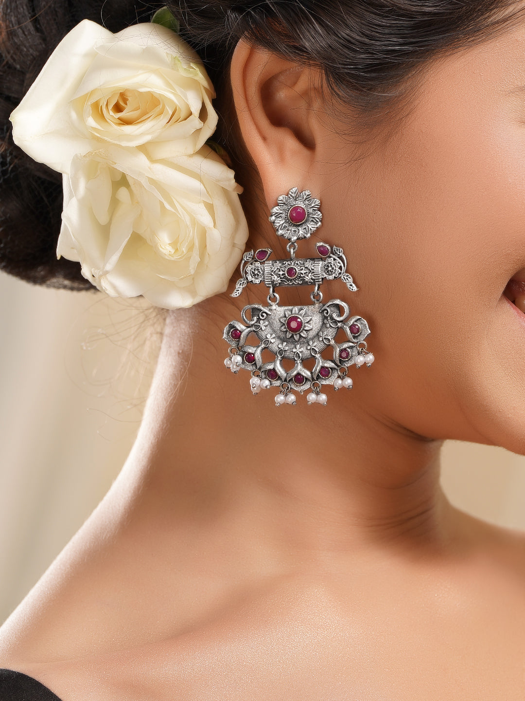 Black Pearll Oxidised Silver Plated Brass Ruby Red Pearl Chandbali Earrings