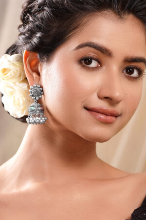 Silver Tone Brass Green Detail Pearl Ghungroo Jhumka Earrings