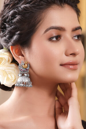 Oxidised Silver Tone Brass Pink Kundan Peacock Ghungroo Jhumka Earrings