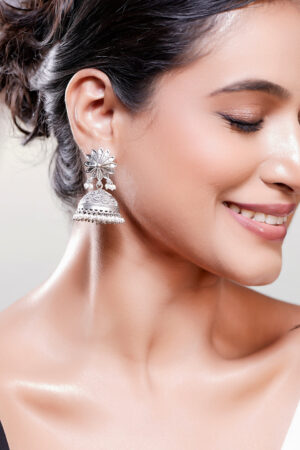 Oxidised Brass Floral Jhumka Earrings with White Pearl Hangings