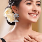 Oxidised Silver Tone Brass Jhumka Earrings with White Pearl Hangings