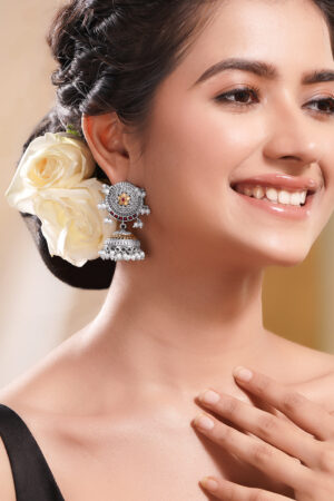 Oxidised Silver Tone Brass Jhumka Earrings with White Pearl Hangings