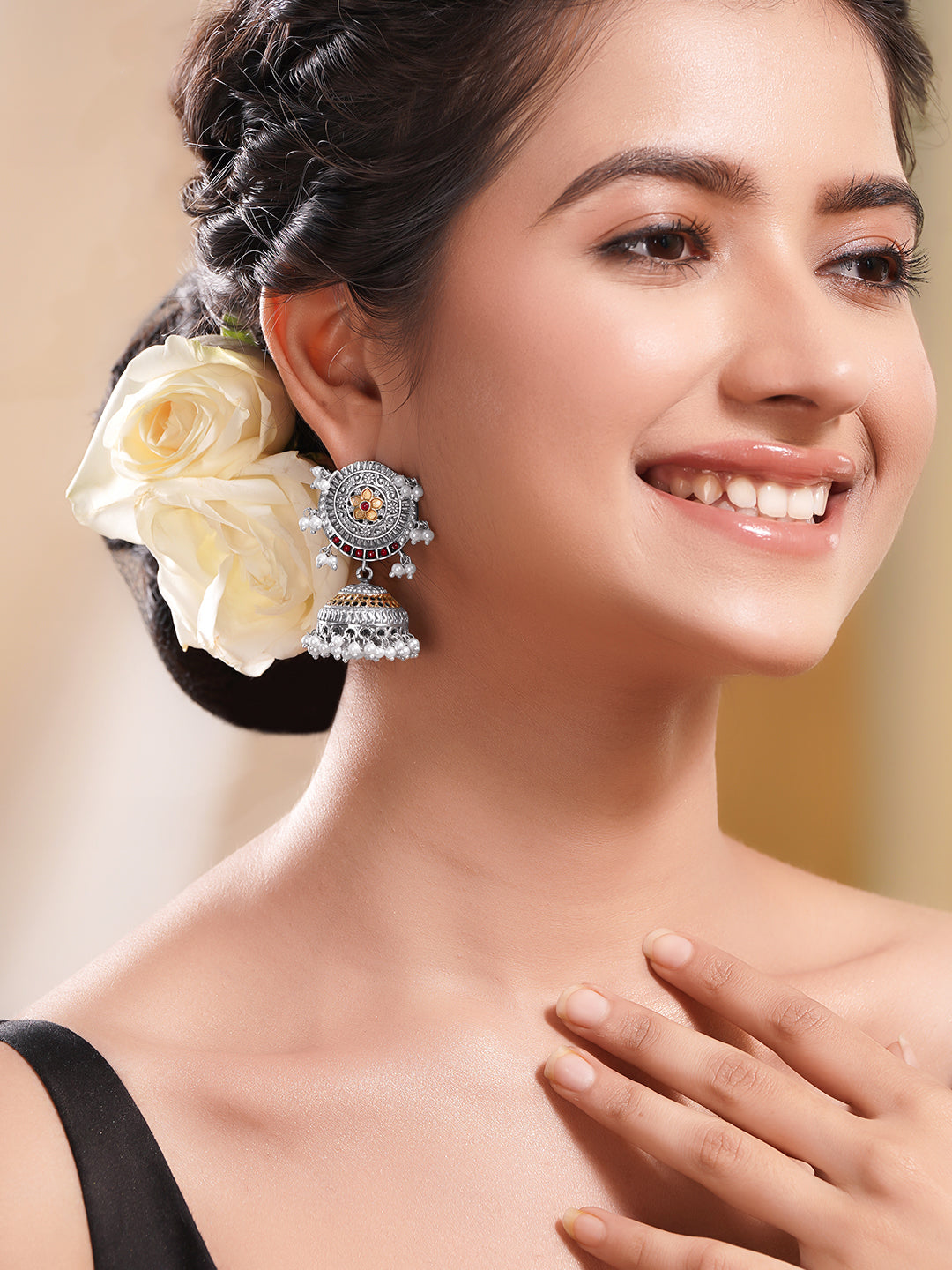 Oxidised Silver Tone Brass Jhumka Earrings with White Pearl Hangings