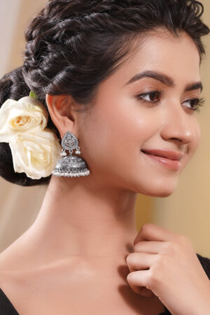Oxidised Silver Tone Brass Dome Engraved Dome Traditional Jhumka Earrings