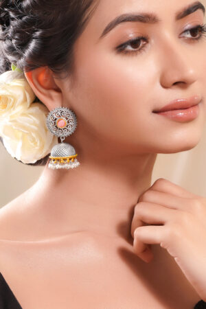 Oxidised Silver Tone Brass Pink Accents Pearl Jhumka Earrings