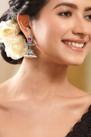 Black Pearll Women Oxidised Silver Tone Brass Ruby Pink Pearl Jhumka Earrings