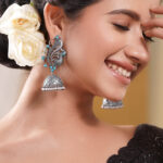 Oxidised Silver Tone Brass Blue Bead Pearl Peacock Jhumka Earrings