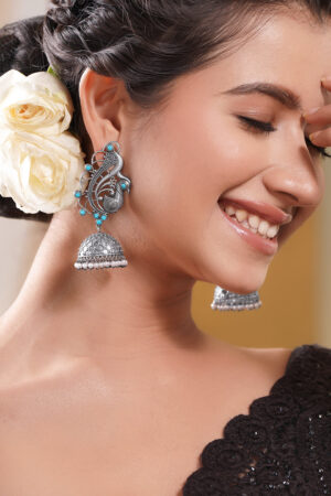 Oxidised Silver Tone Brass Blue Bead Pearl Peacock Jhumka Earrings