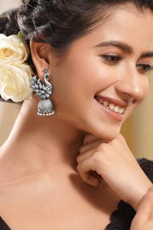 Oxidised Silver Tone Brass Peacock Motif Jhumka Earrings with Pearl Drops