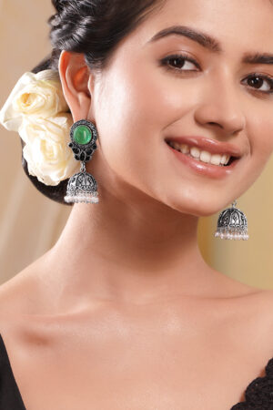 Oxidised Silver Tone Brass Emerald Studded Floral Stud Jhumka Earrings