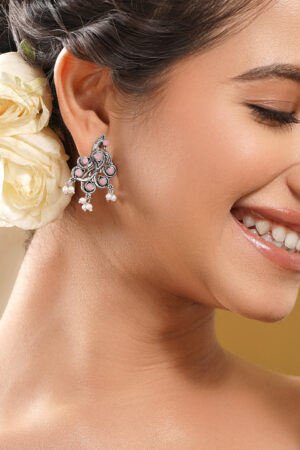 Oxidised Pastel Pink Peacock Stud Earrings