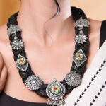 Oxidised Peacock & Floral Motif Black Necklace