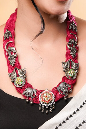 Oxidised Peacock & Elephant Motif Red Necklace