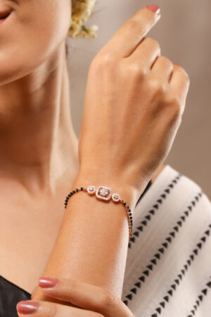 Black Pearll Rose Gold-Plated White Cubic Zirconia Studded Floral Mangalsutra Bracelet with Black Beads for Women