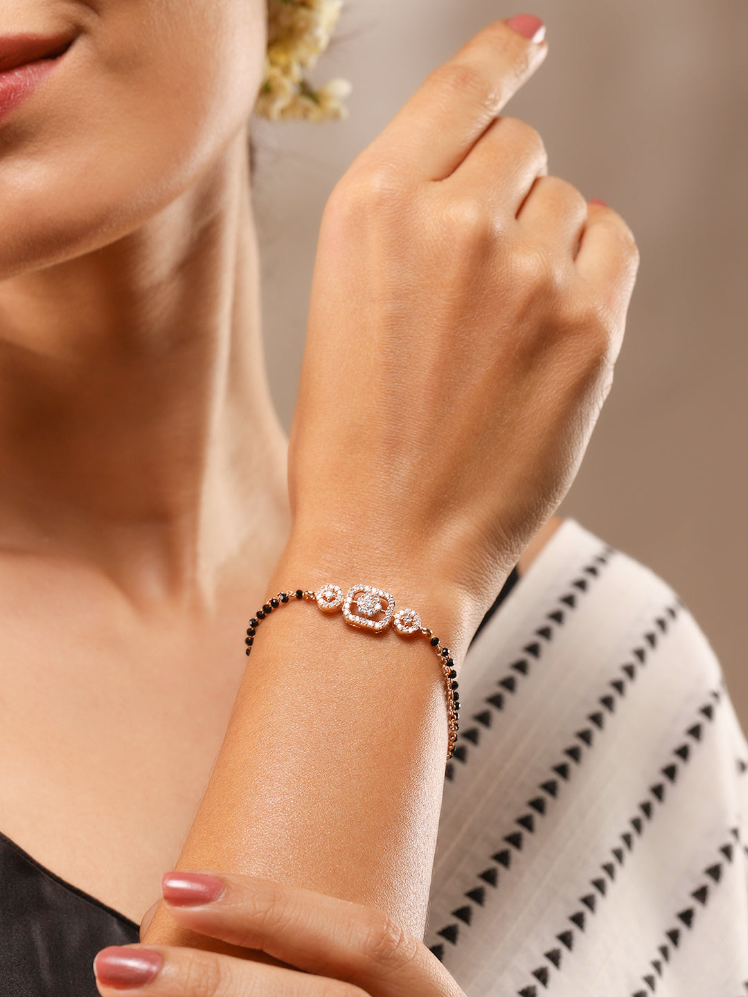Black Pearll Rose Gold-Plated White Cubic Zirconia Studded Floral Mangalsutra Bracelet with Black Beads for Women