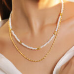 White & Gold Beaded Layered Necklace