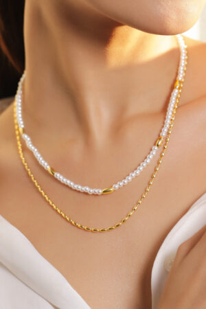 White & Gold Beaded Layered Necklace