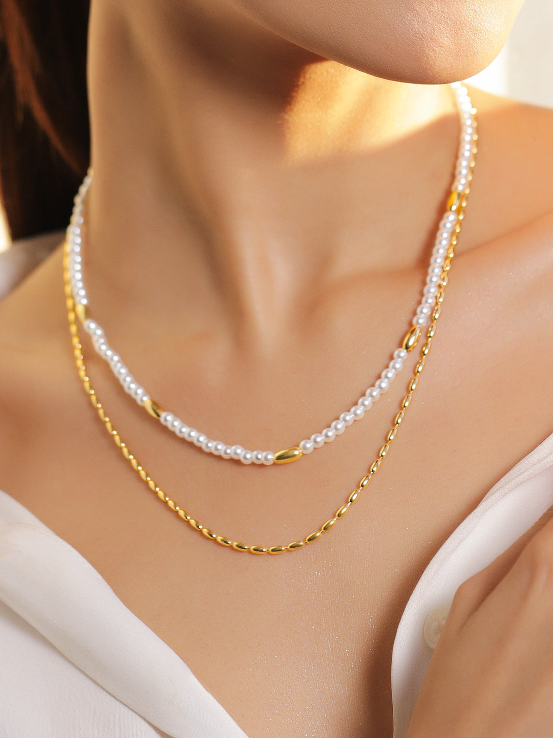 White & Gold Beaded Layered Necklace