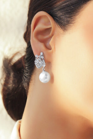 Rhodium Butterfly Motif Crystal Pearl Drop Earrings