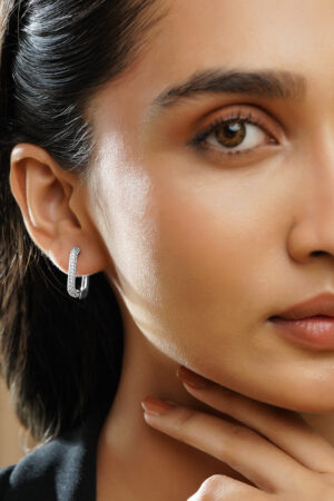 Black Pearll Voguish Rhodium Plated Crystal AD Rectangular Minimal Hoop Earrings