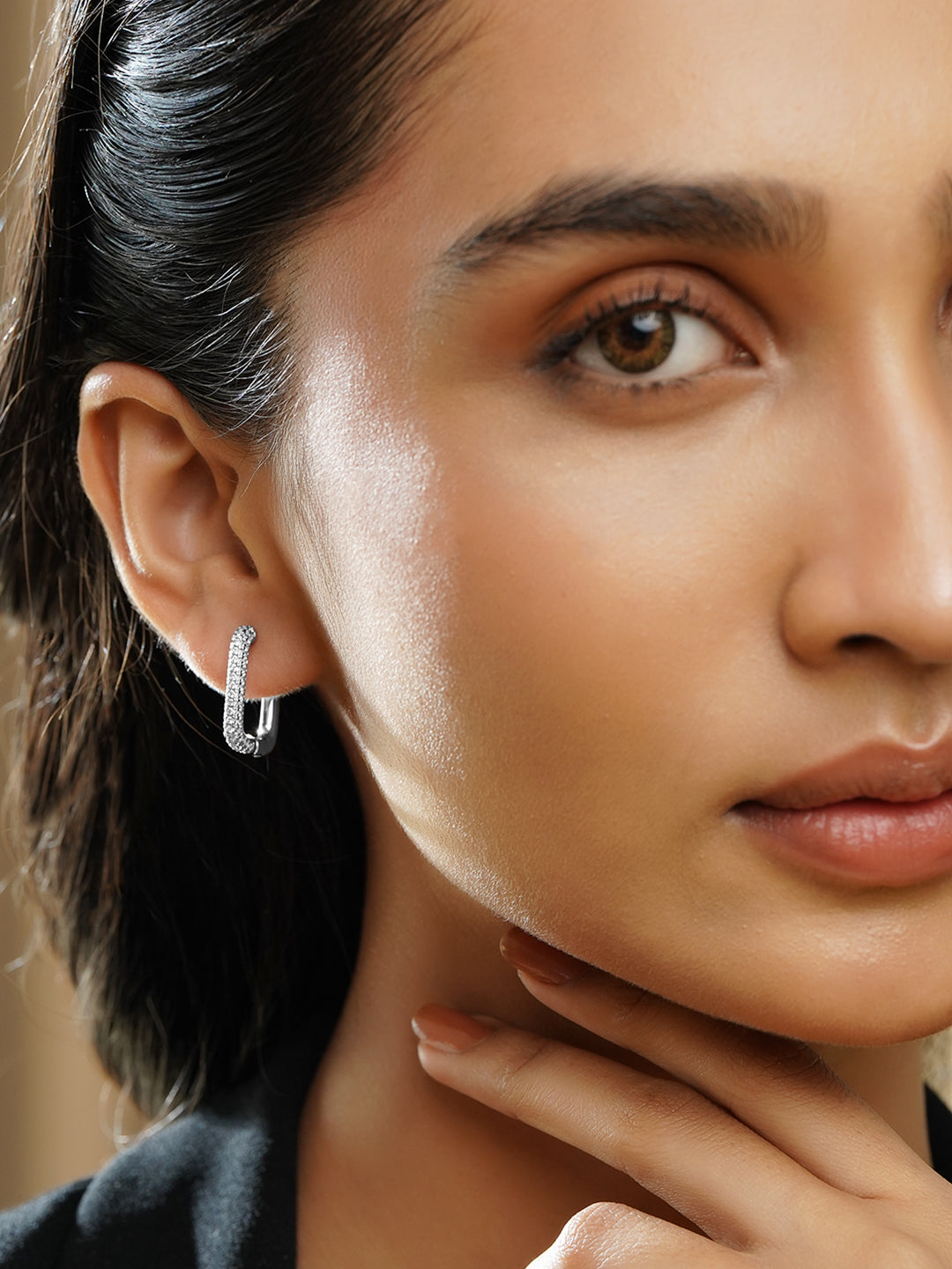 Black Pearll Voguish Rhodium Plated Crystal AD Rectangular Minimal Hoop Earrings