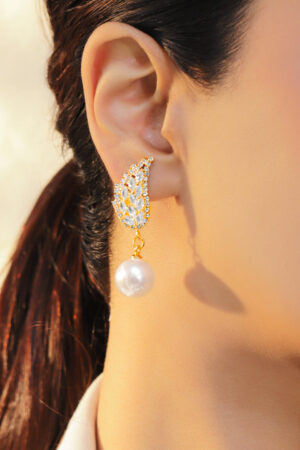 Wing shaped Pearl & Crystal Drop Earrings