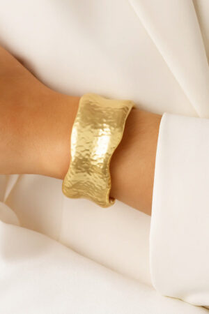 Gold Toned Sculpted Hammered Statement Bracelet