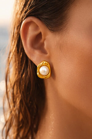 Demifine 18K Gold Plated Stainless steel Pearl Centered Stud Earrings
