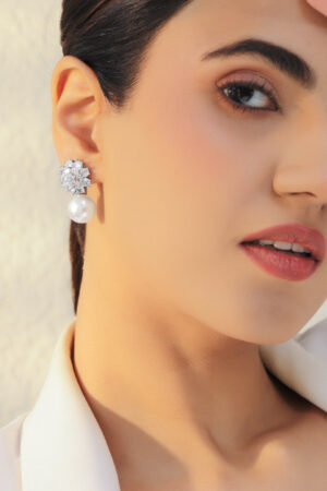Floral White Pearl Drop Stud Earrings
