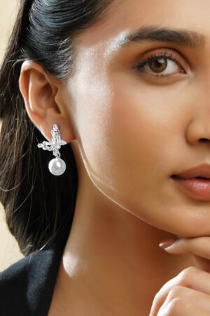 Black Pearll Rhodium Plated Butterfly Marquise Crystal & Pearl Drop Elegant Earrings