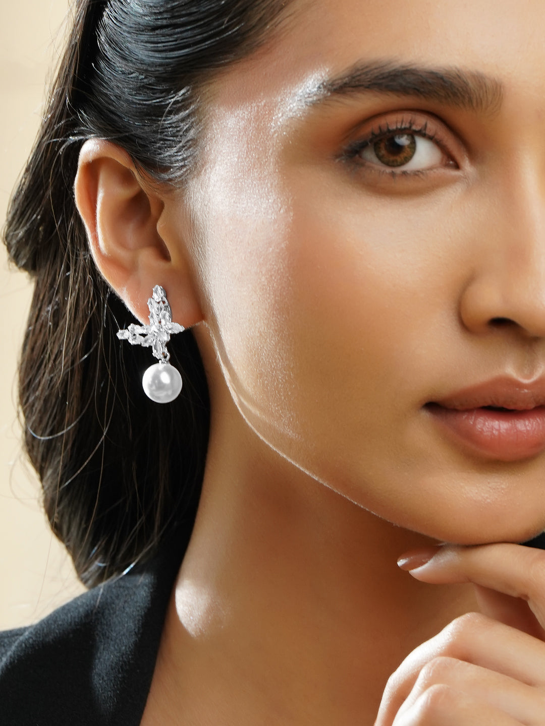 Black Pearll Rhodium Plated Butterfly Marquise Crystal & Pearl Drop Elegant Earrings