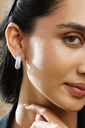 Black Pearll Rhodium-Plated Brass Crystal Zirconia Textured Dome Half Hoop Earrings