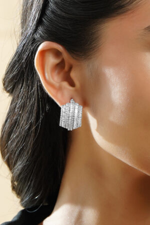 Black Pearll Rhodium-Plated Baguette AD Embellished Curved Statement Stud Earrings