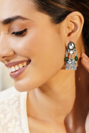 Oxidised Green & White Studded Jhumkas