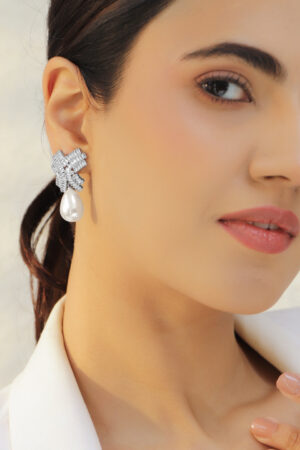 Rhodium Crystal Studded Pearl Drop Earrings