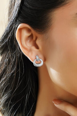 Black Pearll Rhodium-Plated White Crystal AD Textured Circular Loop Stud Earrings