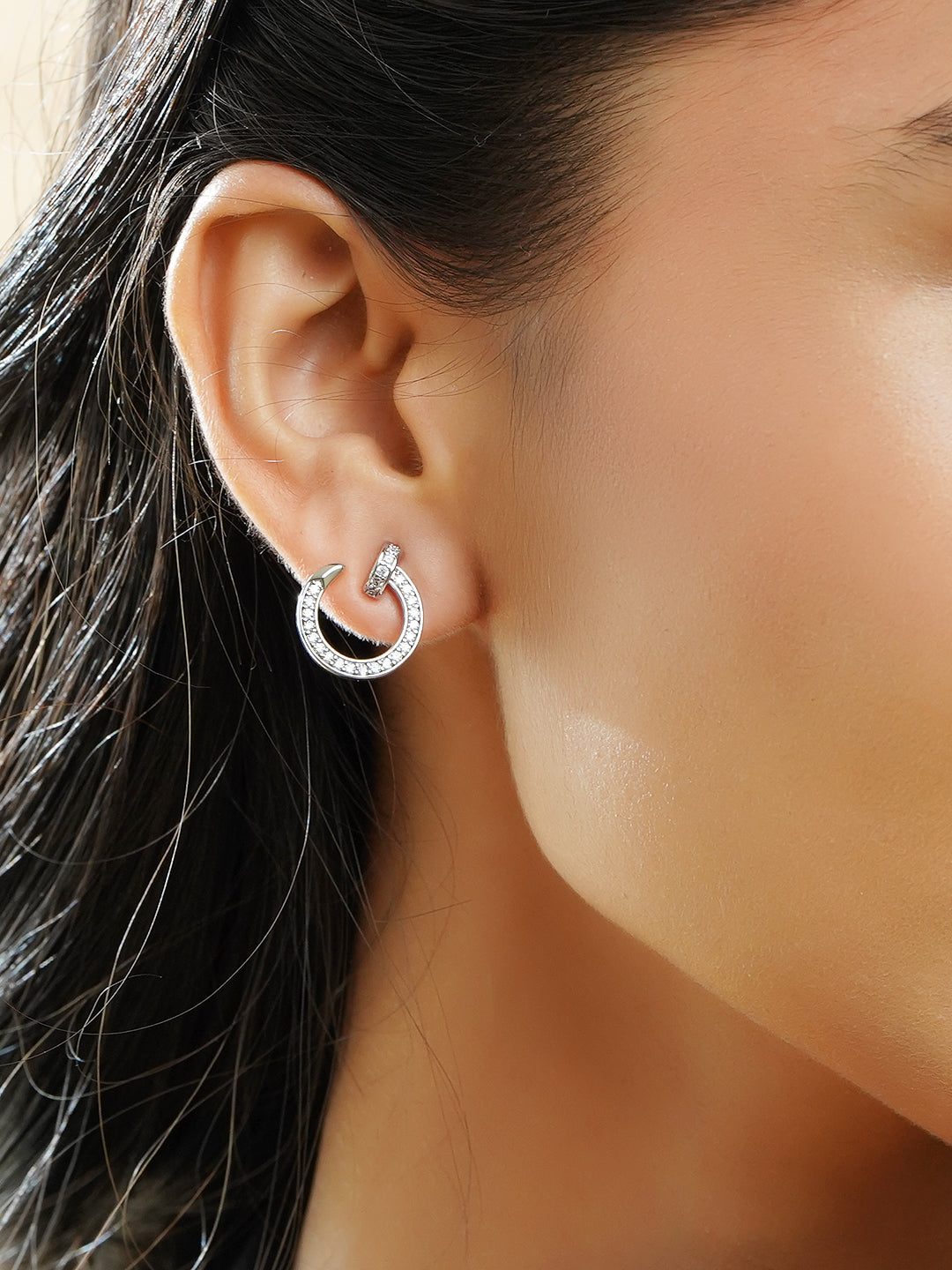 Black Pearll Rhodium Plated Crystal CZ Studded Open Hoop Minimal Stud Earrings