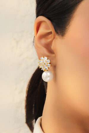 Gold Toned Pearl Drop Stud Earrings
