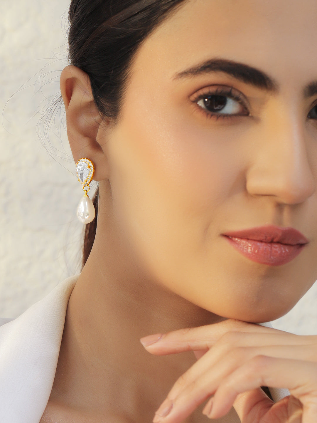 Crystal Studded Pearl Drop Earrings