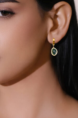 Demifine 18K Gold Plated Stainless steel Emerald Oval Drop Hoop Earrings