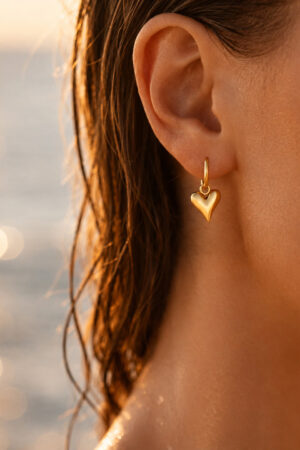 Demifine 18K Gold Plated Stainless steel Puffy Heart Charm Hoop Drop Earrings