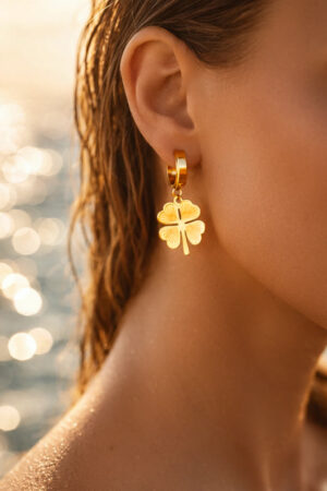 Demifine 18K Gold Plated Stainless steel Clover Flora Charm Hoop Drop Earrings