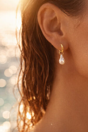 Demifine 18K Gold Plated Stainless steel Baroque Pearl Drop Hoop Earrings
