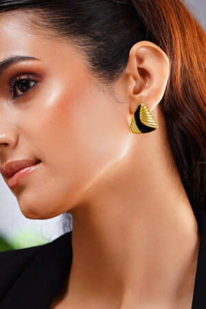 Demifine 18K Gold Plated Stainless steel Black & Gold Sculpted Studs Earrings