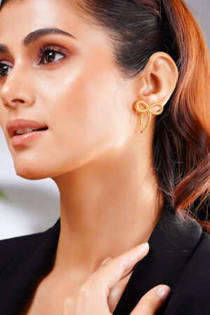 Demifine 18K Gold Plated Stainless steel Sweet Ribbon Statement Earrings