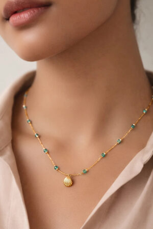 Demifine 18K Gold Plated Stainless steel Green Beaded Chain Shell Necklace