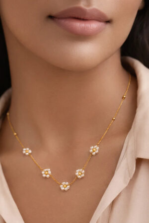 Demifine 18K Gold Plated Stainless steel Mini Pearl Flora Charm Chain Necklace